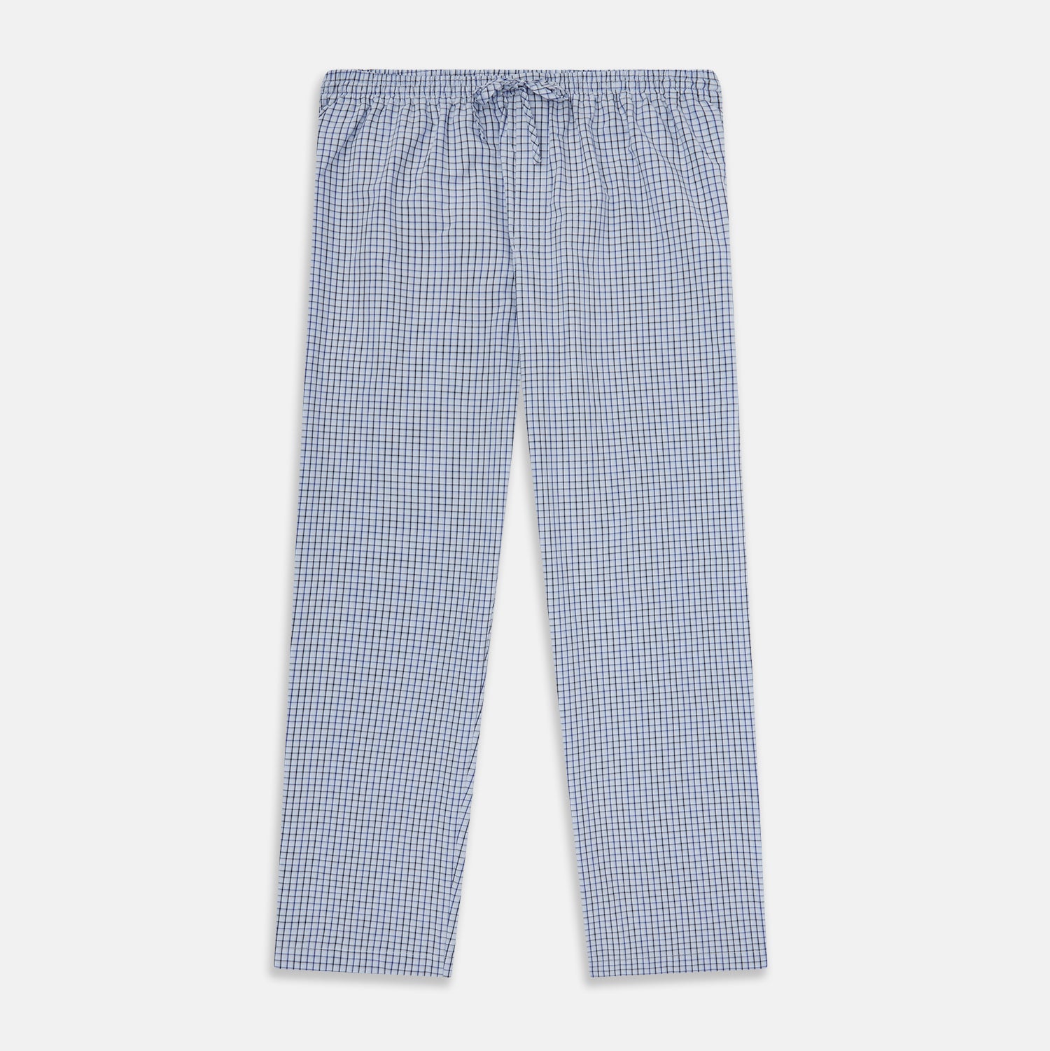 View 1 of product Turnbull & Asser Blue Shadow Check Pyjama Trousers feature cotton fabric, an elastic waistband, and a drawstring, shown flat on a white background.