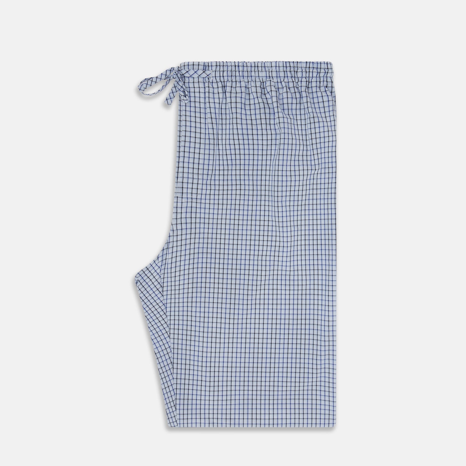 View 4 of product Turnbull & Asser Blue Shadow Check Pyjama Trousers feature cotton fabric, an elastic waistband, and a drawstring, shown flat on a white background.