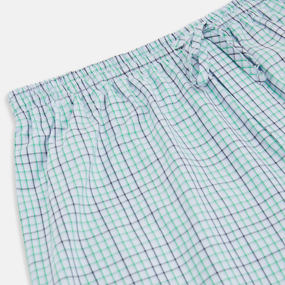 Turnbull & Asser Green and Blue Shadow Check Pyjama Trousers feature an elastic waistband and drawstring, shown flat on a white background. Ideal to pair with your favorite cotton T-shirt for a cozy night's sleep.