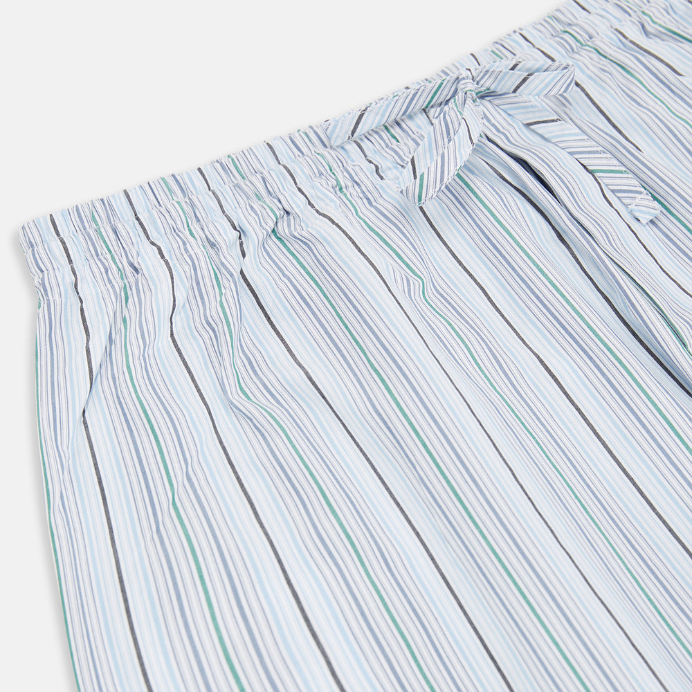 Turnbull & Asser Blue and Green Multi Track Stripe Pyjama Trousers feature a drawstring waistband and vertical blue, green, and white stripes, shown against a plain white background.