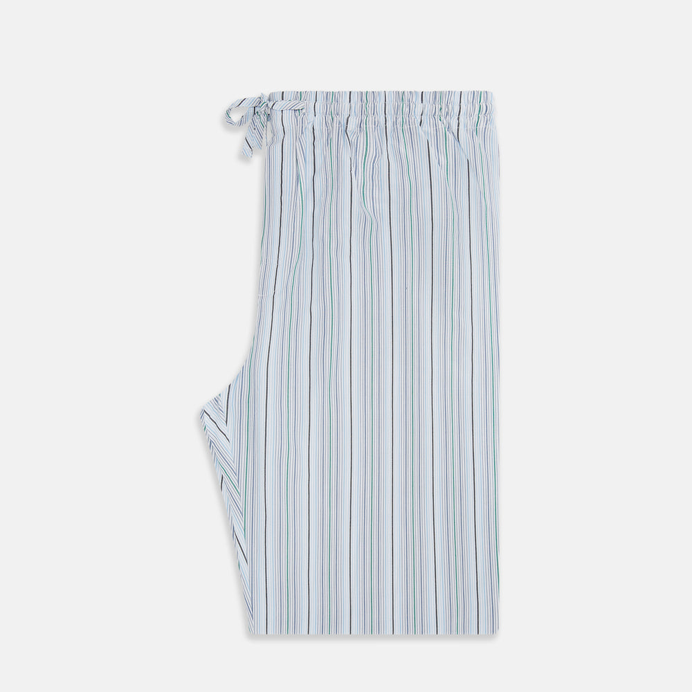 Turnbull & Asser Blue and Green Multi Track Stripe Pyjama Trousers feature a drawstring waistband and vertical blue, green, and white stripes, shown against a plain white background.