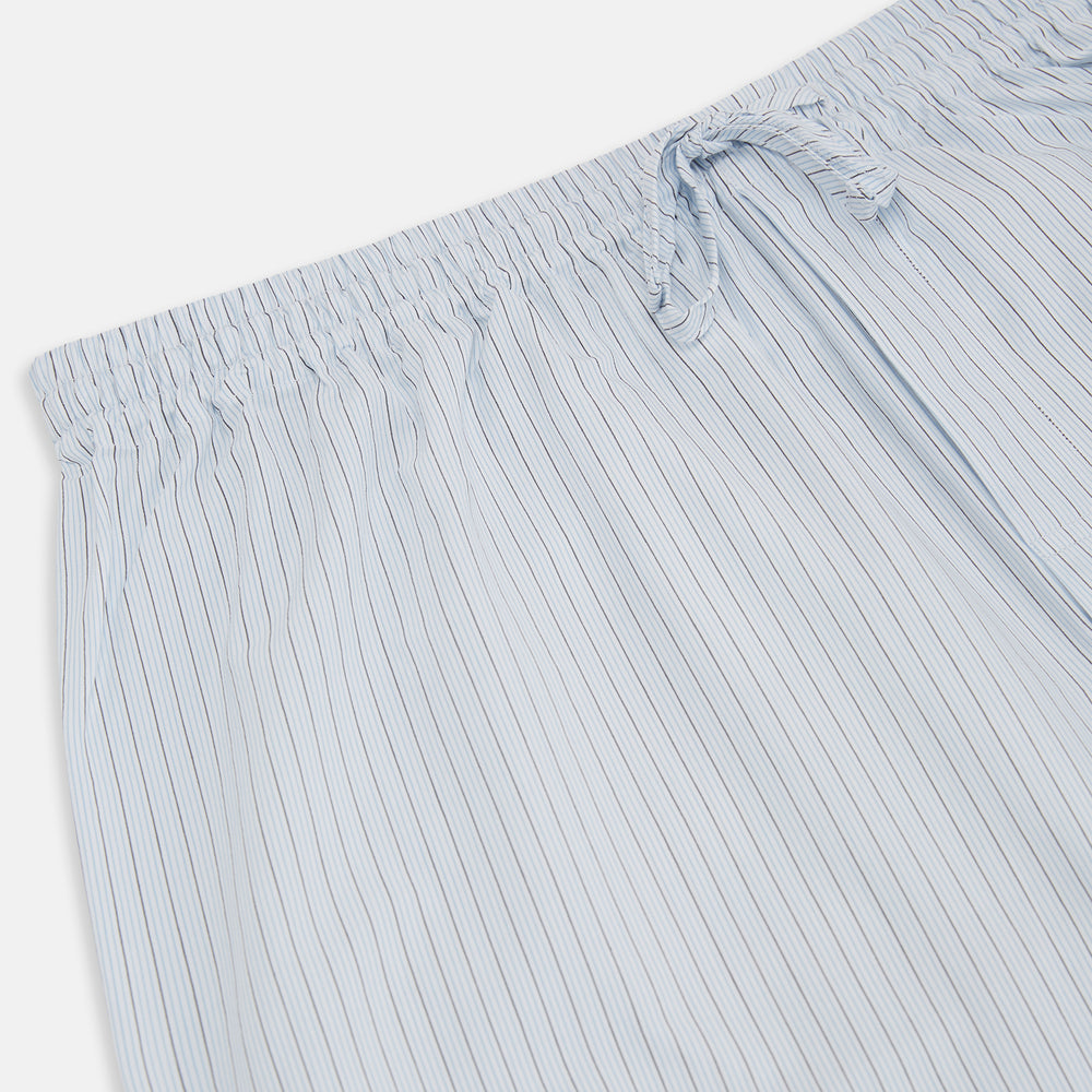 Turnbull & Asser Blue Multi Pinstripe Pyjama Trousers in light blue and white cotton with blue pinstripes, elastic waistband, and drawstring, shown laid flat on a white background.