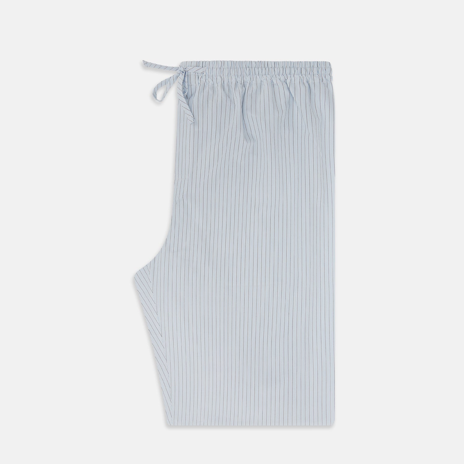 View 4 of product Turnbull & Asser Blue Multi Pinstripe Pyjama Trousers in light blue and white cotton with blue pinstripes, elastic waistband, and drawstring, shown laid flat on a white background.