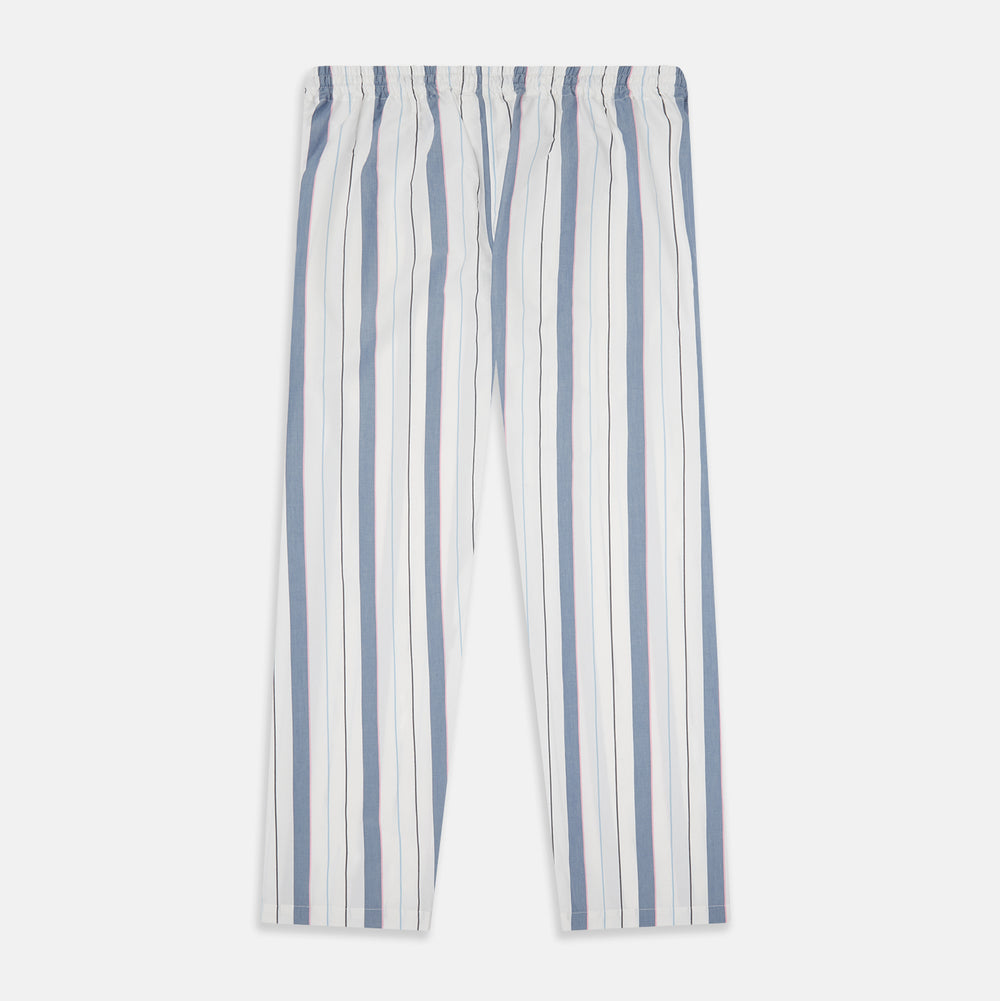 The Turnbull & Asser Blue Blazer Stripe Pyjama Trousers feature blue, white, and light brown vertical stripes and a drawstring waistband, shown laid flat on a white background.