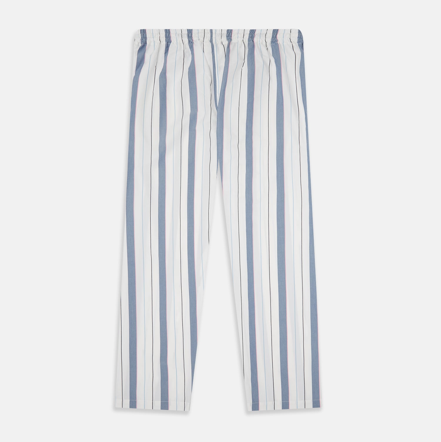 View 3 of product The Turnbull & Asser Blue Blazer Stripe Pyjama Trousers feature blue, white, and light brown vertical stripes and a drawstring waistband, shown laid flat on a white background.