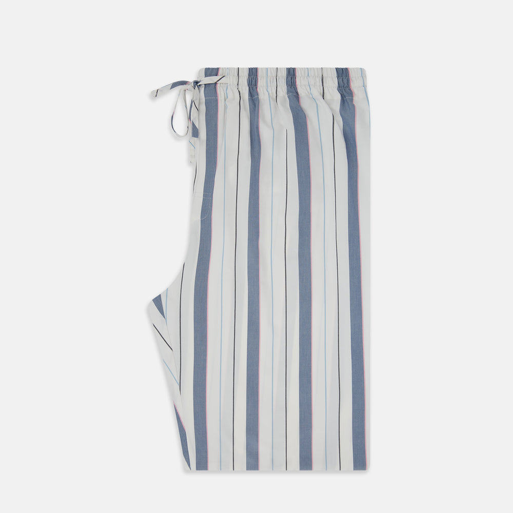 The Turnbull & Asser Blue Blazer Stripe Pyjama Trousers feature blue, white, and light brown vertical stripes and a drawstring waistband, shown laid flat on a white background.