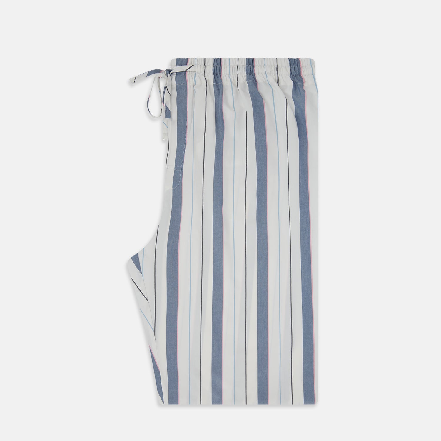 View 4 of product The Turnbull & Asser Blue Blazer Stripe Pyjama Trousers feature blue, white, and light brown vertical stripes and a drawstring waistband, shown laid flat on a white background.