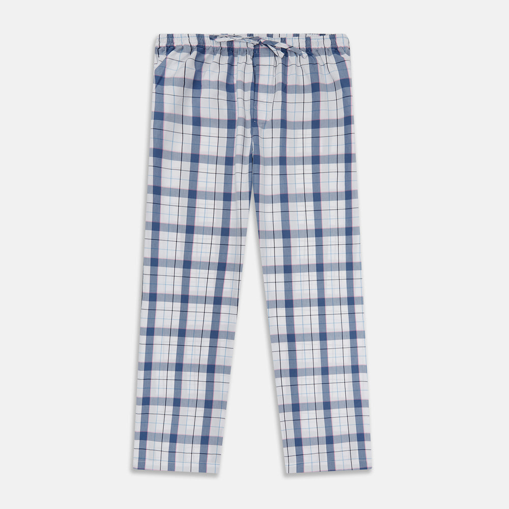 The Blue Blazer Check Pyjama Trousers by Turnbull & Asser feature a straight-leg fit, elastic waistband with drawstring, and white, blue, and gray plaid pattern. Comfortable with side pockets, they are shown laid flat against a white background.