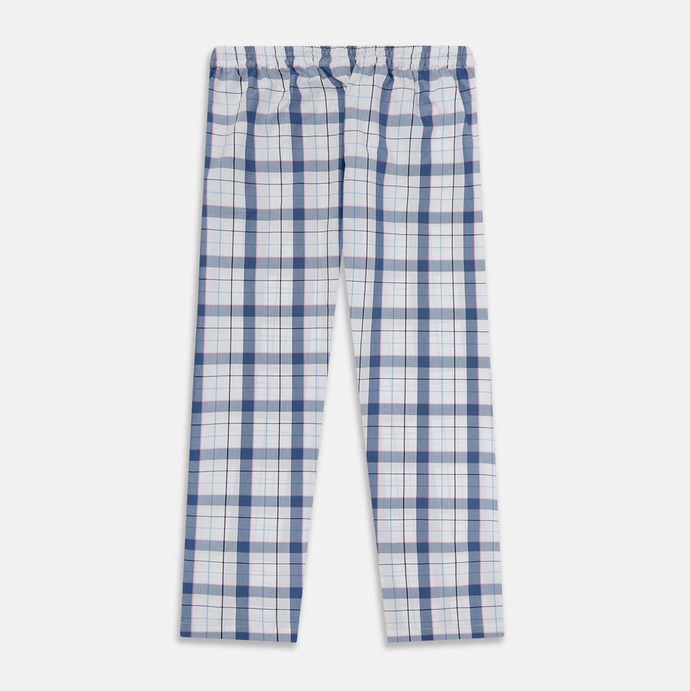 The Blue Blazer Check Pyjama Trousers by Turnbull & Asser feature a straight-leg fit, elastic waistband with drawstring, and white, blue, and gray plaid pattern. Comfortable with side pockets, they are shown laid flat against a white background.