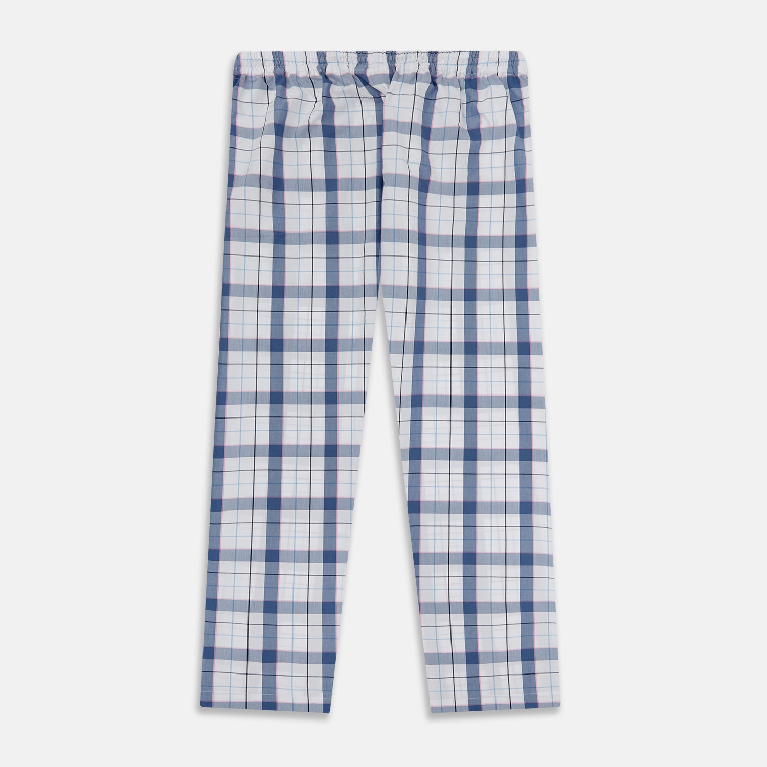 View 3 of product The Blue Blazer Check Pyjama Trousers by Turnbull & Asser feature a straight-leg fit, elastic waistband with drawstring, and white, blue, and gray plaid pattern. Comfortable with side pockets, they are shown laid flat against a white background.