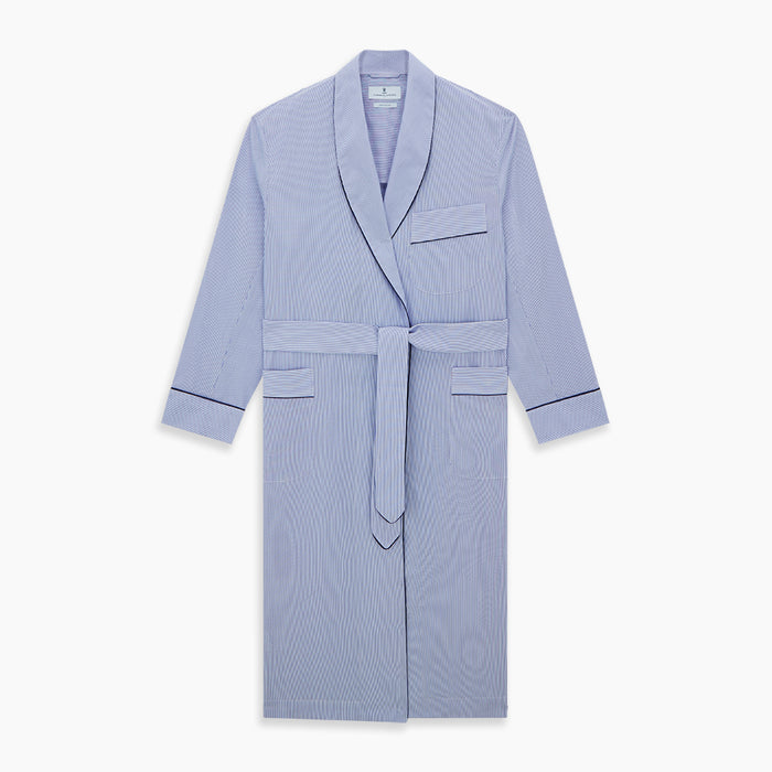 Blue Fine Bengal Stripe Piped Cotton Gown Image 4