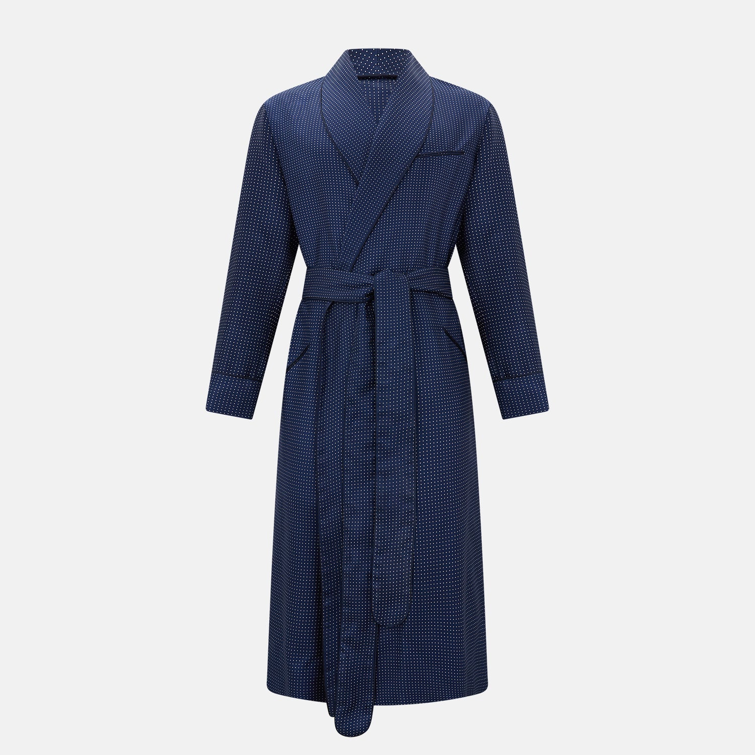 View 1 of product A navy and white polka dot gown with rolled hems in luxurious silk from Turnbull & Asser UK evokes the timeless elegance of classic gentlemen’s nightwear. Displayed on a plain white background, this robe offers both comfort and style, reminiscent of refined evenings at home.