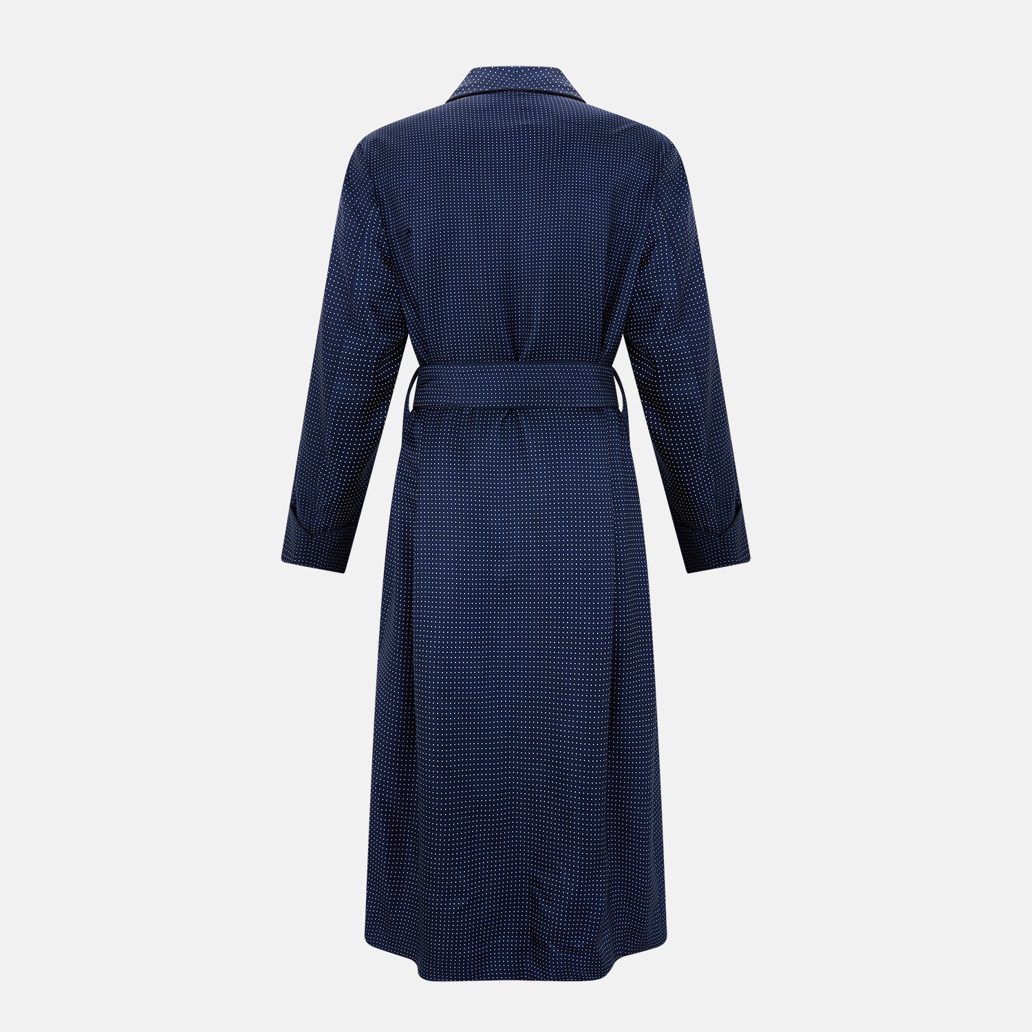 View 2 of product A navy and white polka dot gown with rolled hems in luxurious silk from Turnbull & Asser UK evokes the timeless elegance of classic gentlemen’s nightwear. Displayed on a plain white background, this robe offers both comfort and style, reminiscent of refined evenings at home.