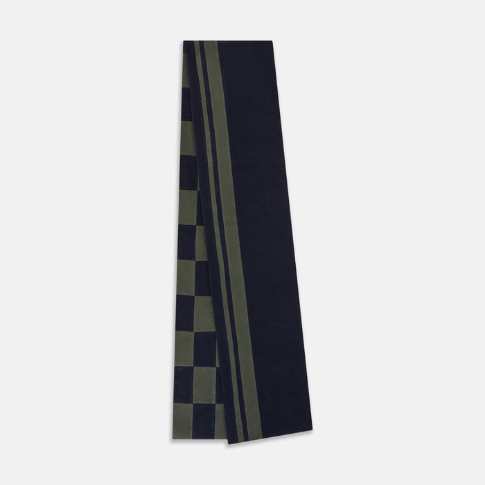 Navy and Olive Green Striped & Checkered Double-Sided Corduroy Padded Scarf Image 1