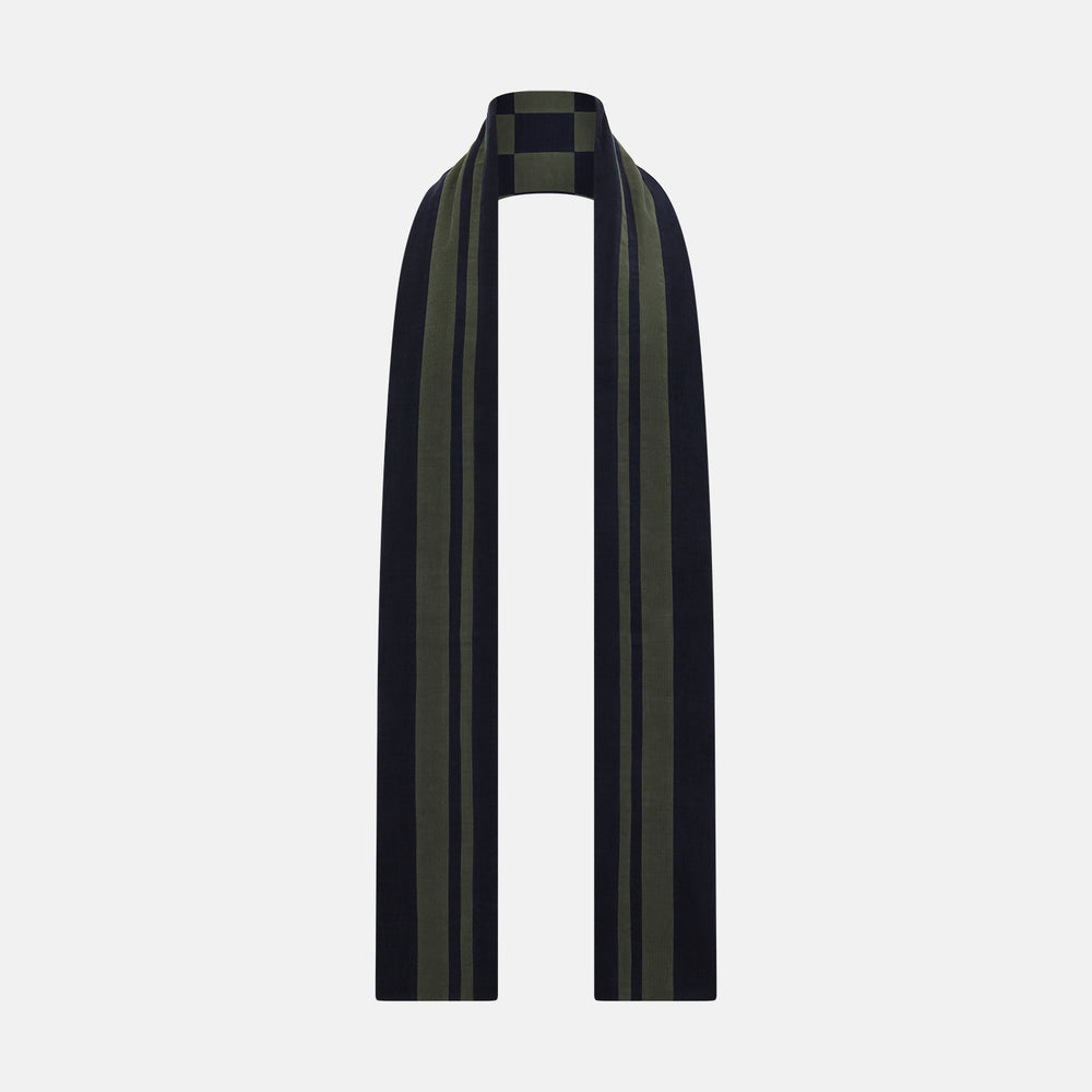 Navy and Olive Green Striped & Checkered Double-Sided Corduroy Padded Scarf OS