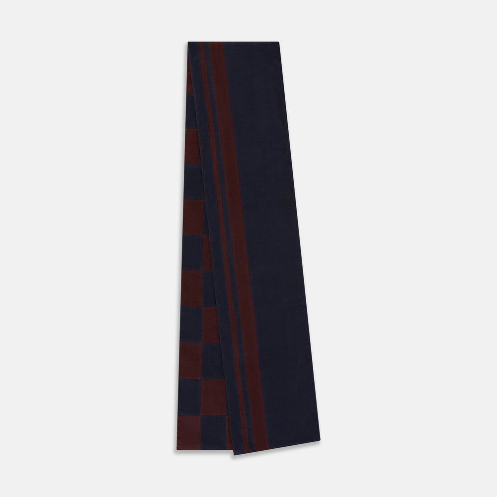 Navy and Burgundy Striped & Checkered Double-Sided Corduroy Padded Scarf OS