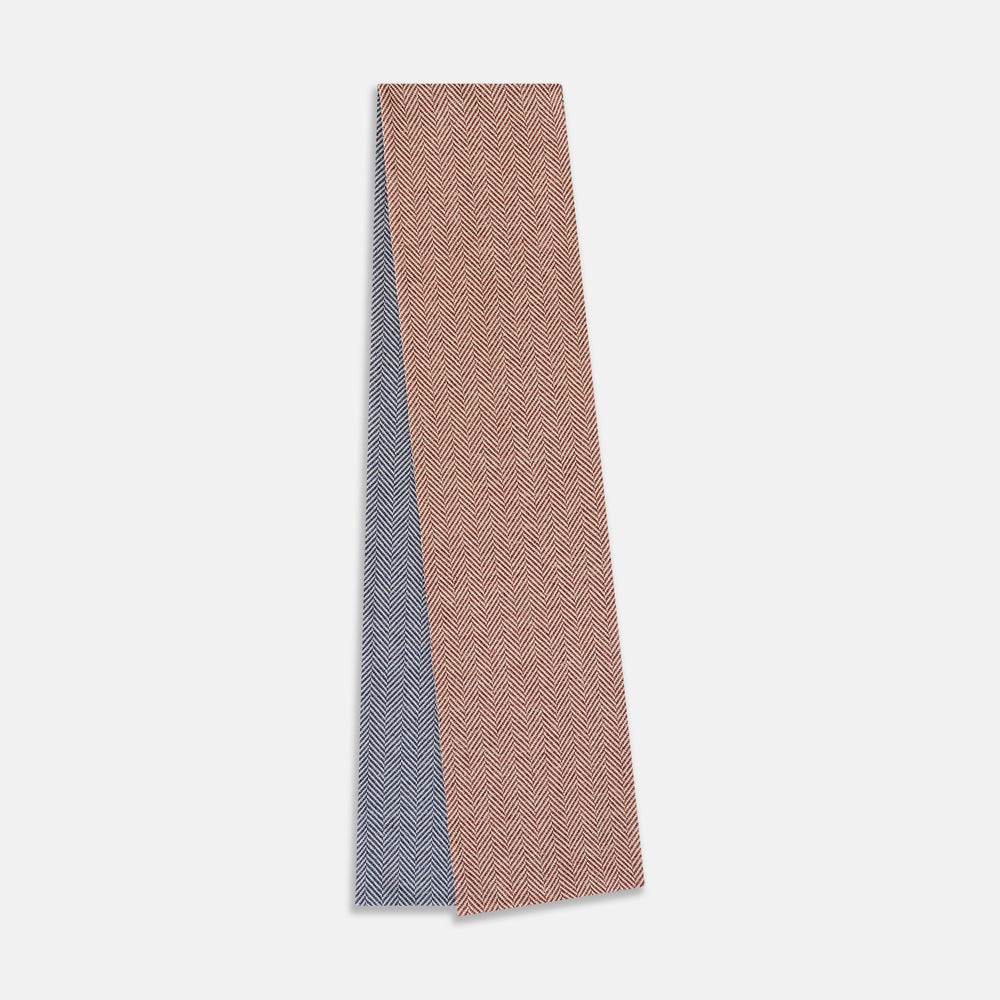Azzurro and Red Herringbone Linen and Cotton Double-Sided Knitted Scarf OS