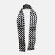 The Chequered Navy on White Frame Small Scarf in Silk by Turnbull & Asser UK is a long silk accessory featuring a classic black and white checkerboard pattern laid flat against a white background. Its ends are finished with a thin, fringed border, while the top edge is accented by diagonal stripes. The double-sided chequered design adds a stylish twist, with touches of navy and subtle hints of white bringing sophisticated detail to this timeless look.