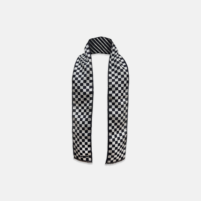 Chequered Navy on Navy Frame Small Scarf in Silk