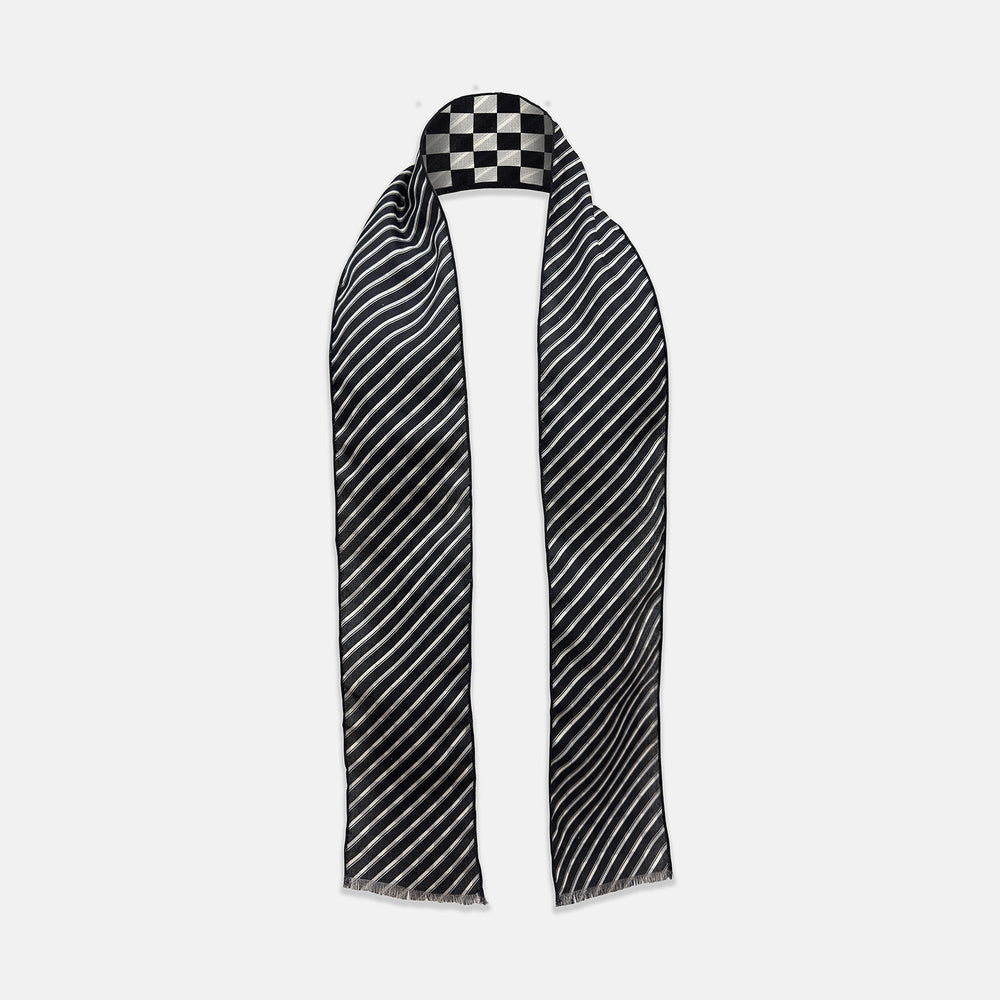 The Chequered Navy on Navy Frame Small Scarf in Silk from Turnbull & Asser UK, showcasing a sophisticated navy checkerboard pattern, is displayed against a plain white background.
