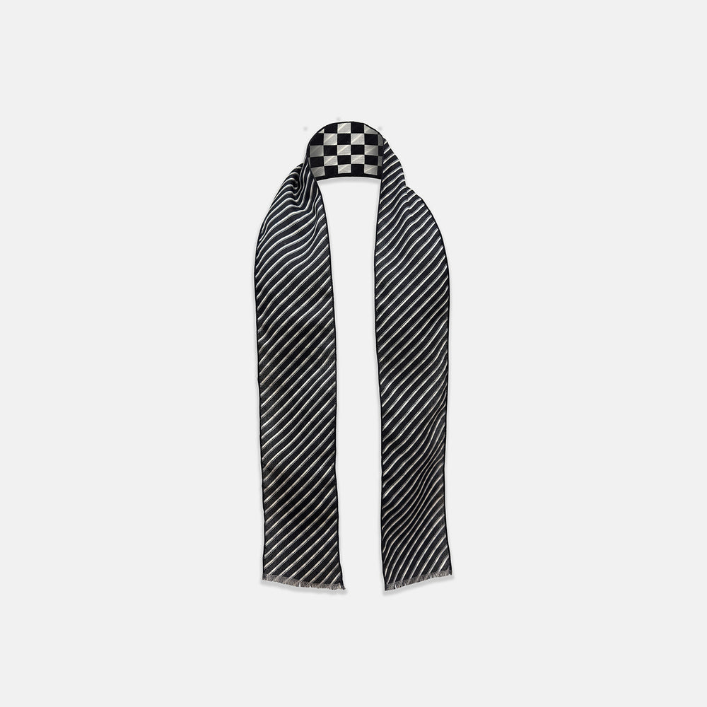 The Chequered Navy on Navy Frame Small Scarf in Silk from Turnbull & Asser UK, showcasing a sophisticated navy checkerboard pattern, is displayed against a plain white background.