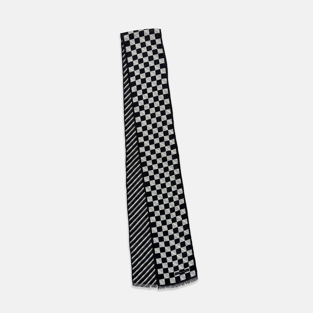 The Chequered Navy on Navy Frame Small Scarf in Silk from Turnbull & Asser UK, showcasing a sophisticated navy checkerboard pattern, is displayed against a plain white background.