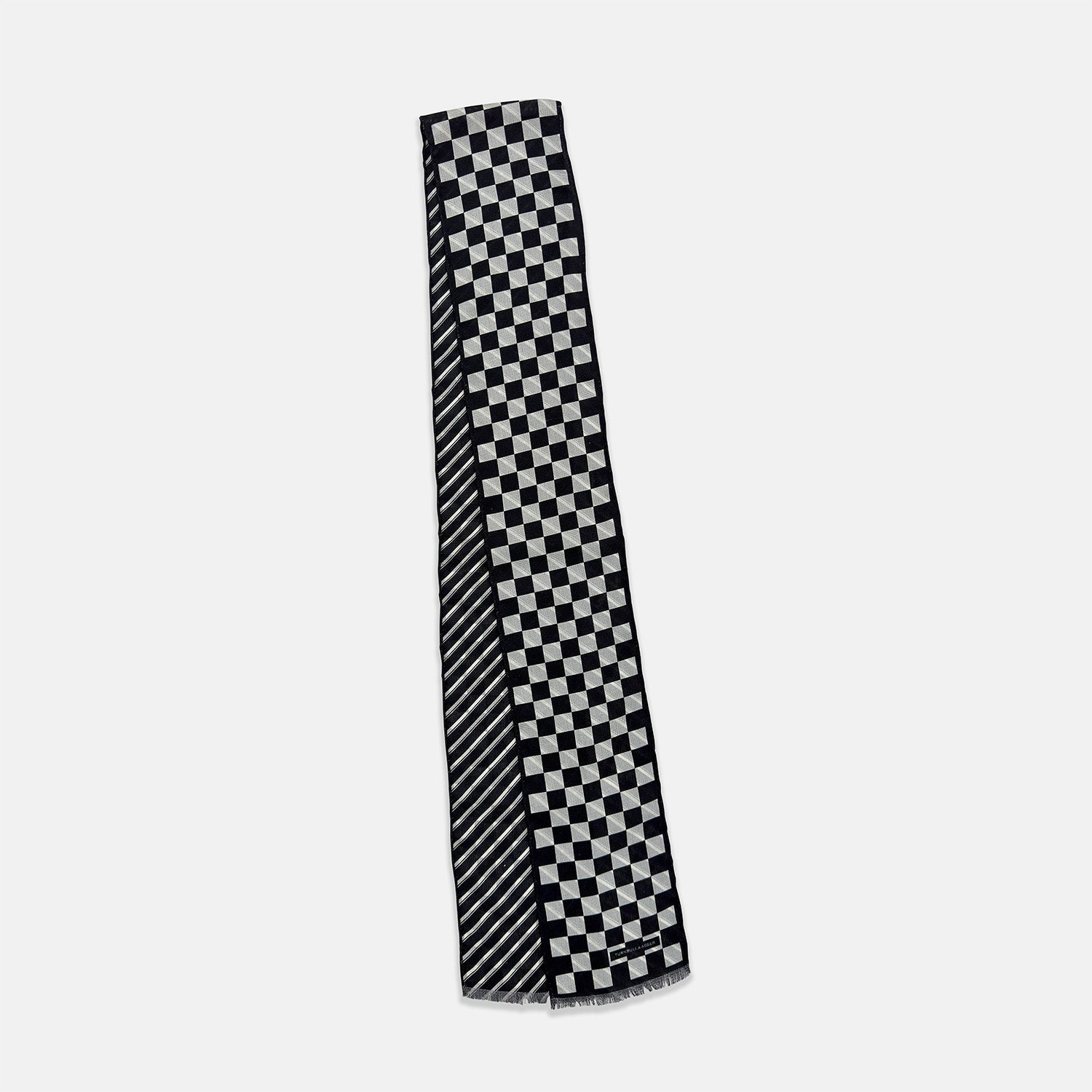 View 3 of product The Chequered Navy on Navy Frame Small Scarf in Silk from Turnbull & Asser UK, showcasing a sophisticated navy checkerboard pattern, is displayed against a plain white background.