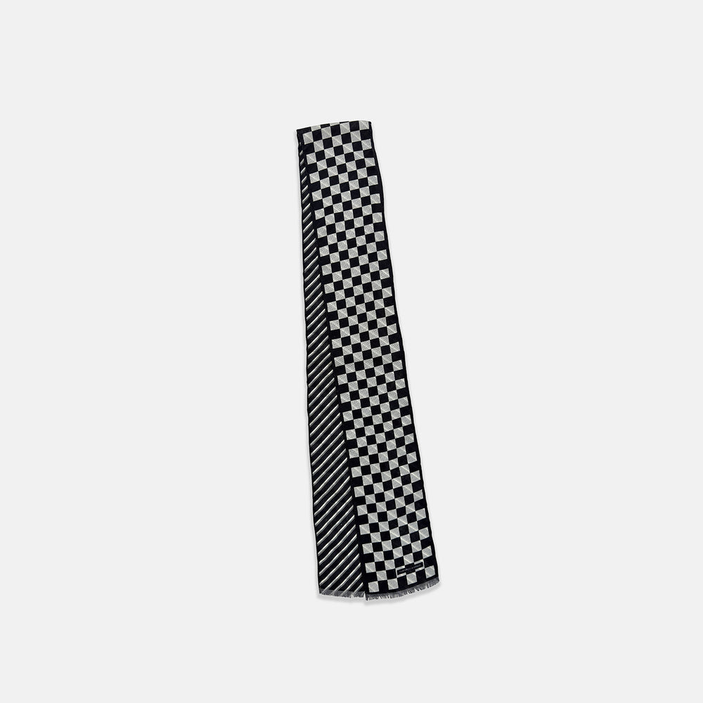The Chequered Navy on Navy Frame Small Scarf in Silk from Turnbull & Asser UK, showcasing a sophisticated navy checkerboard pattern, is displayed against a plain white background.