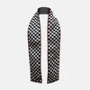 View 1 of product Introducing the Chequered Navy on Red Frame Small Scarf in Silk by Turnbull & Asser UK—a luxurious silk accessory featuring a navy and white chequered pattern, accented with thin red borders and delicate fringe at each end. Displayed against a white background, this scarf pays homage to British motoring heritage and the enduring elegance of Concours style.