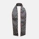 Introducing the Chequered Navy on Red Frame Small Scarf in Silk by Turnbull & Asser UK—a luxurious silk accessory featuring a navy and white chequered pattern, accented with thin red borders and delicate fringe at each end. Displayed against a white background, this scarf pays homage to British motoring heritage and the enduring elegance of Concours style.