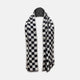 A Chequered Navy on White Frame Large Scarf in Silk from Turnbull & Asser UK, featuring a striking navy and white checkerboard motif inspired by classic British motoring heritage, is gracefully displayed over an invisible stand with its ends cascading downward and the top artfully folded into a striped semicircle—an impeccable choice for making a stylish statement at the Concours of Elegance 2026.
