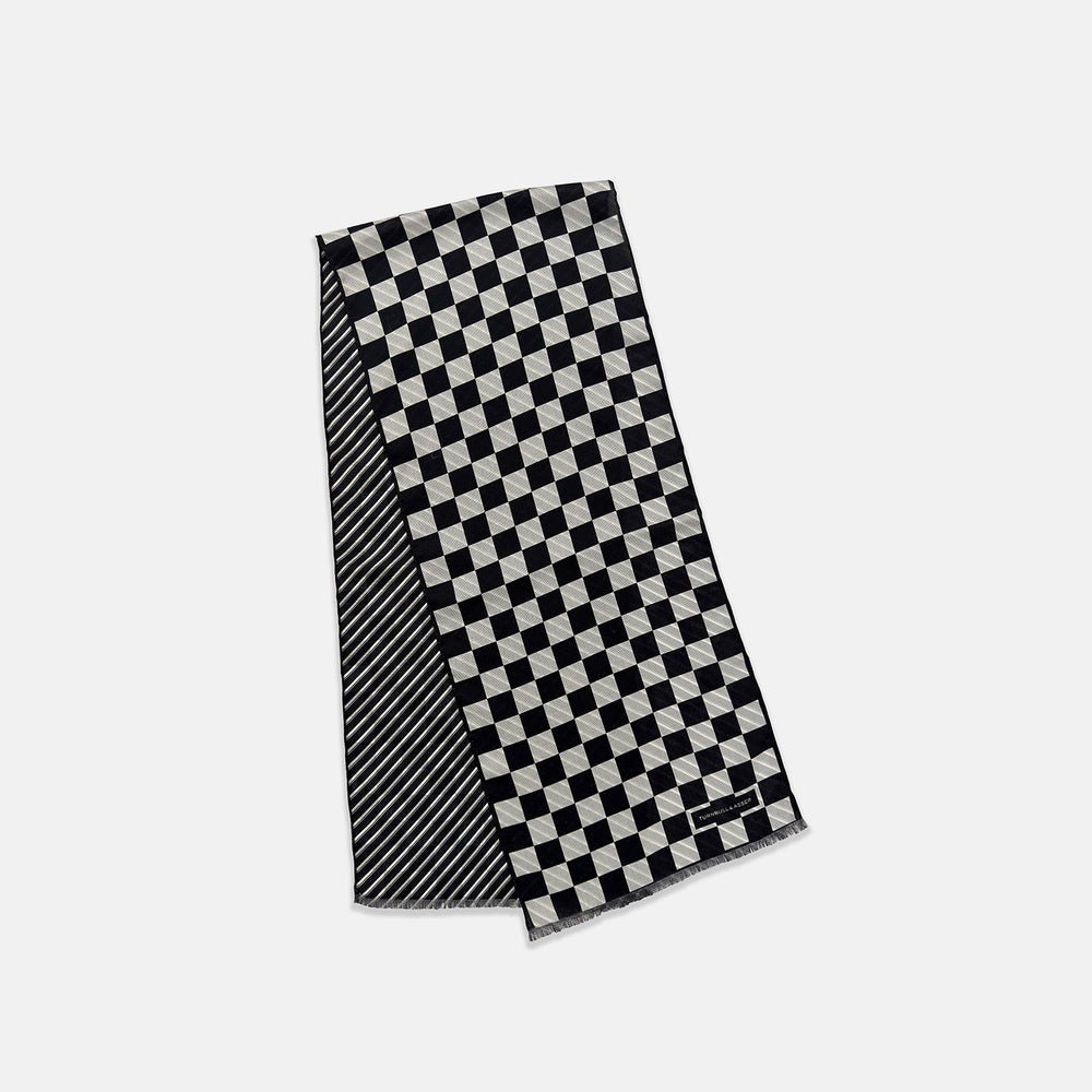 A Chequered Navy on Navy Frame Large Scarf in Silk by Turnbull & Asser UK, featuring a navy checkered design with striped detailing at the neck, is elegantly displayed against a plain white background—an accessory inspired by the enduring sophistication of British motoring, perfect for occasions such as the Concours of Elegance 2026.