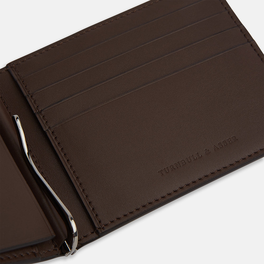 Dark Chocolate  Leather Trifold Card Holder with Metal Money Clip OS