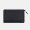 View 1 of product The Turnbull & Asser UK Navy Leather Zip Envelope Pouch, a rectangular travel accessory with two horizontal zippered compartments, is displayed against a plain white background.