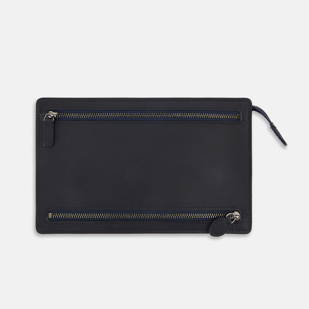 The Turnbull & Asser UK Navy Leather Zip Envelope Pouch, a rectangular travel accessory with two horizontal zippered compartments, is displayed against a plain white background.