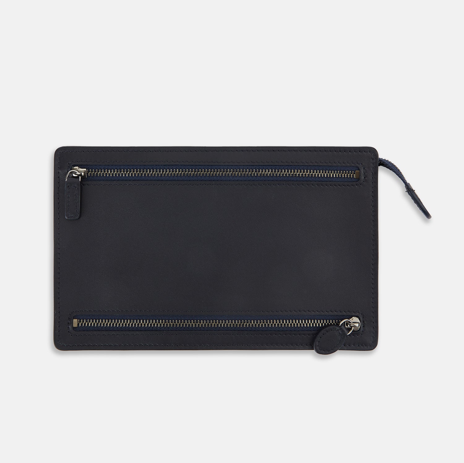 View 1 of product The Turnbull & Asser UK Navy Leather Zip Envelope Pouch, a rectangular travel accessory with two horizontal zippered compartments, is displayed against a plain white background.