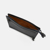 View 2 of product The Turnbull & Asser UK Navy Leather Zip Envelope Pouch, a rectangular travel accessory with two horizontal zippered compartments, is displayed against a plain white background.