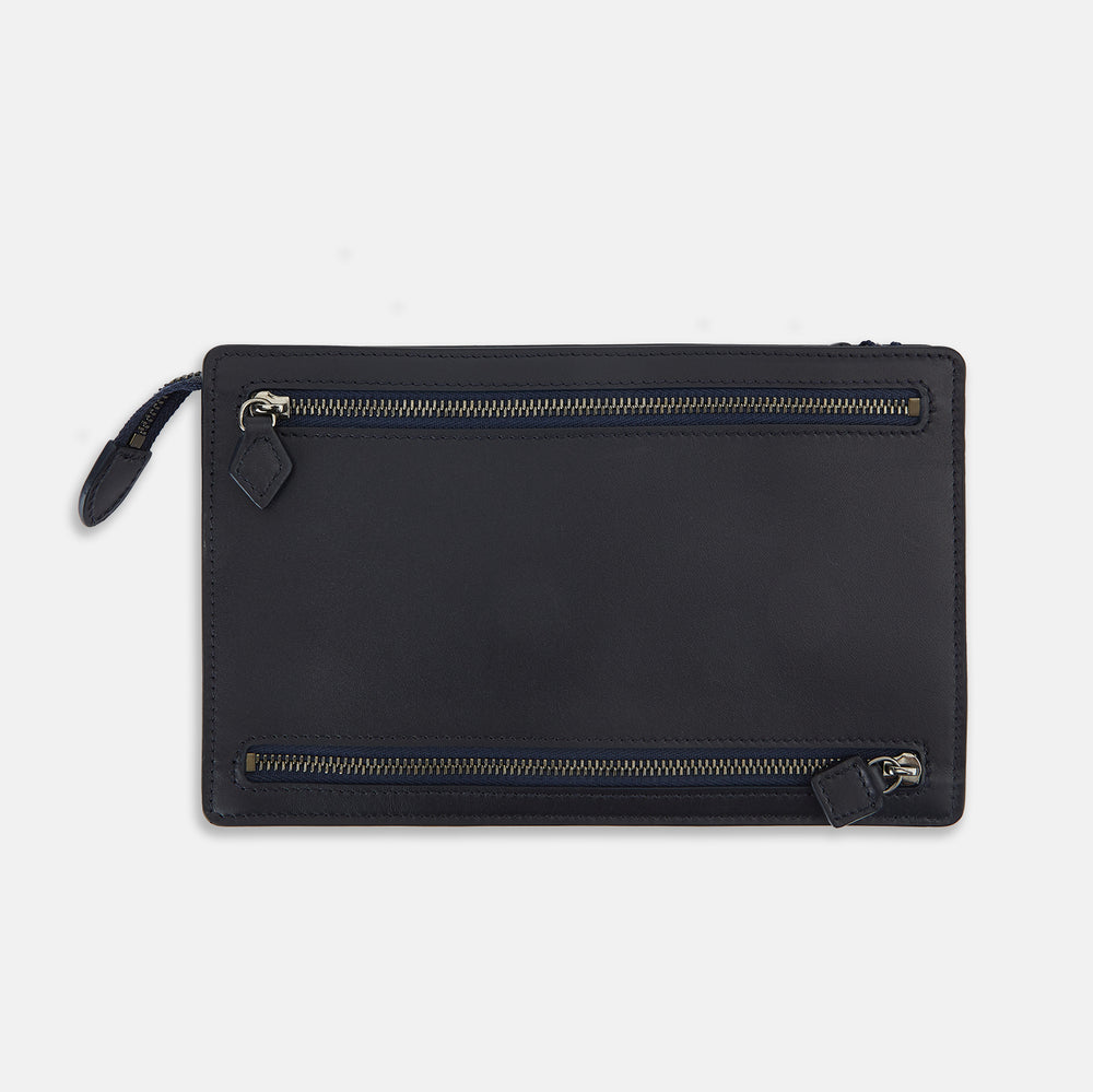 The Turnbull & Asser UK Navy Leather Zip Envelope Pouch, a rectangular travel accessory with two horizontal zippered compartments, is displayed against a plain white background.