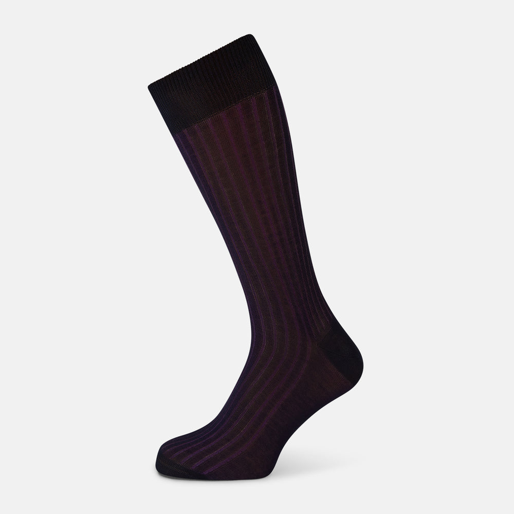 A single, mid-length cotton sock from Turnbull & Asser UK, featuring navy and black vertical stripes, is displayed against a plain white background.