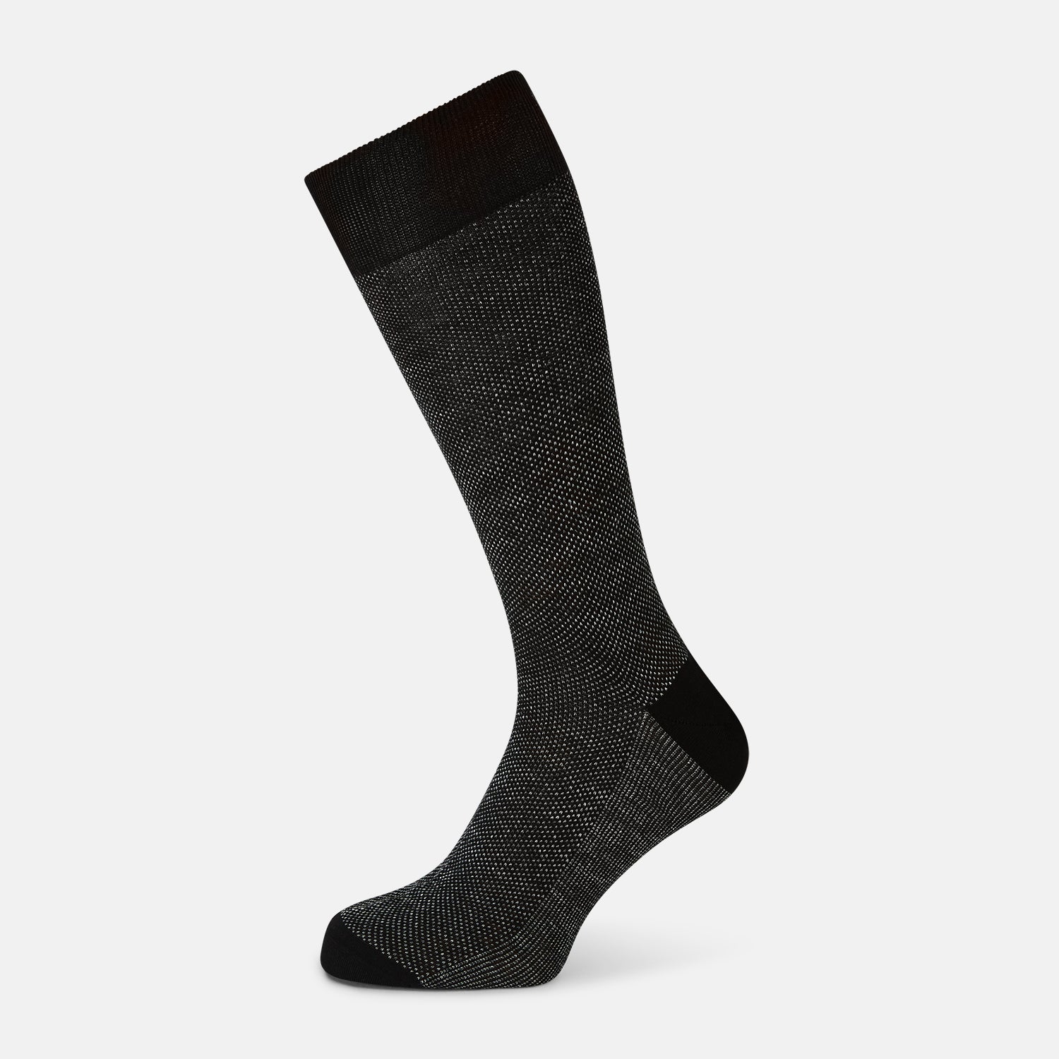 View 1 of product A single Turnbull & Asser UK Charcoal Cotton-Linen Mid-Length Sock, featuring a subtle dotted pattern in black and gray, is displayed against a plain white background.