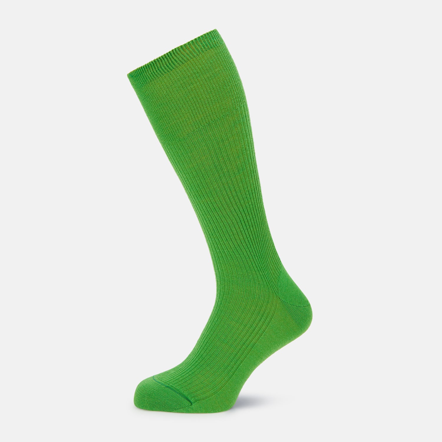 View 1 of product A single Bright Green Mid-Length Merino Sock by Turnbull & Asser is displayed standing with the heel slightly lifted against a plain white background.