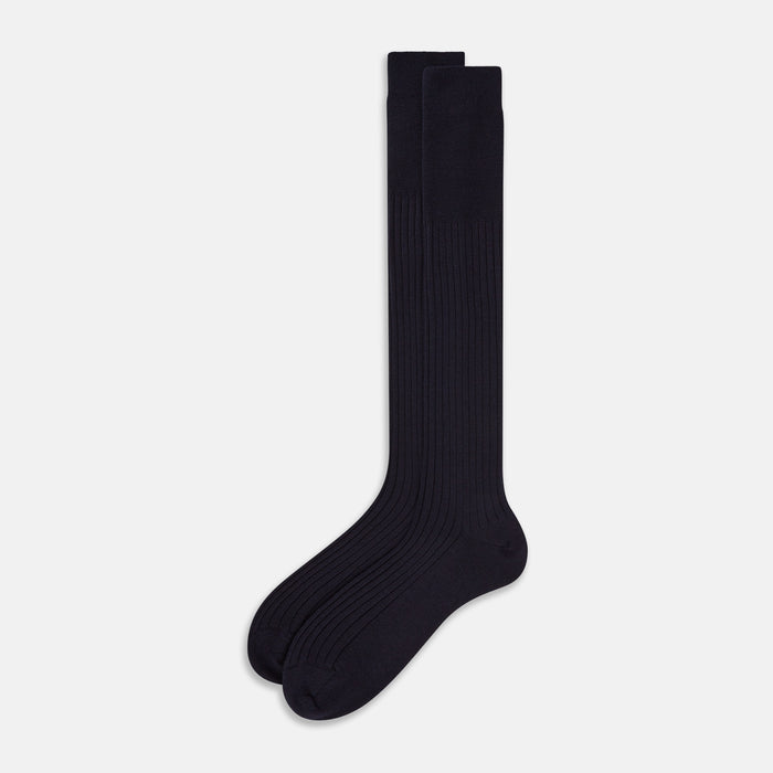 Navy Ribbed Cashmere Silk Long Socks Image 1