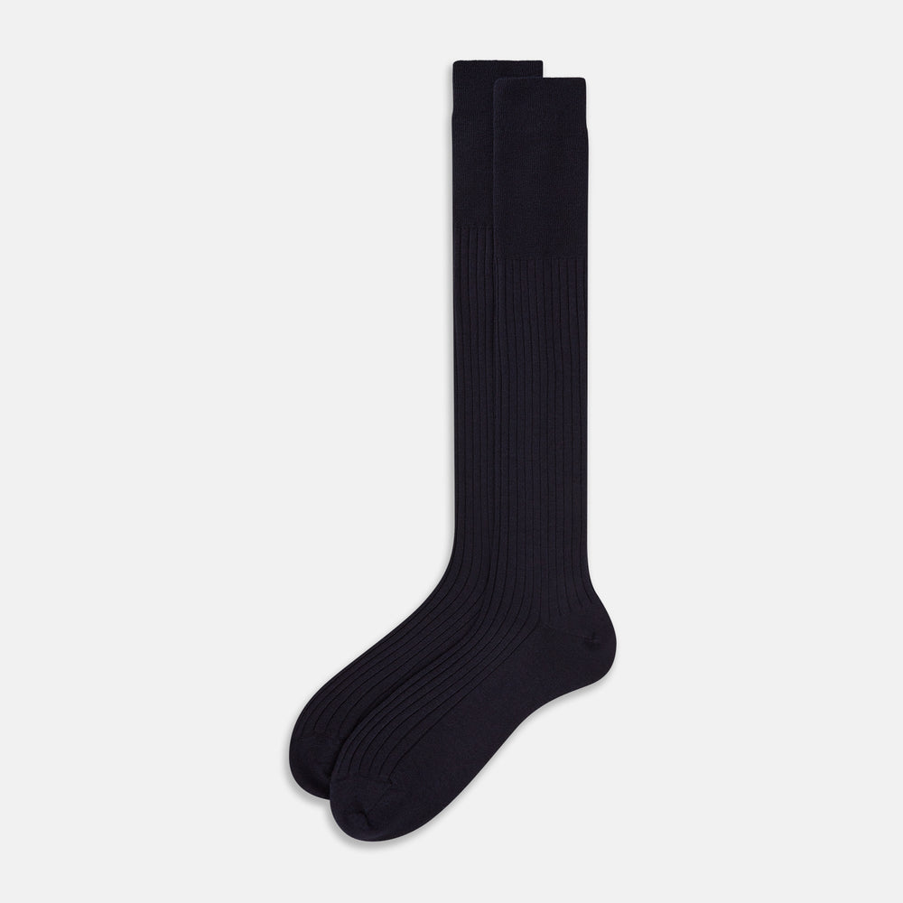 Navy Ribbed Cashmere Silk Long Socks 13