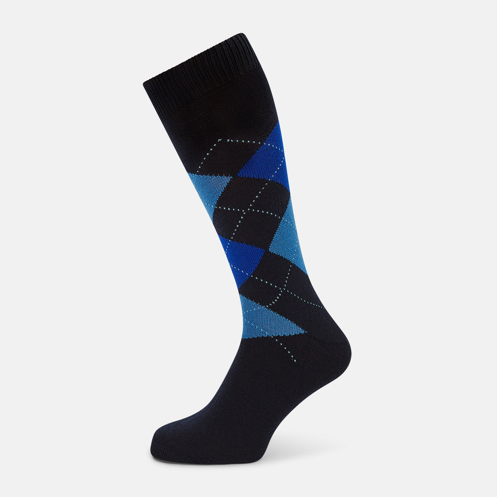 Navy & Royal Blue Check Wool Mid-Length Socks 13