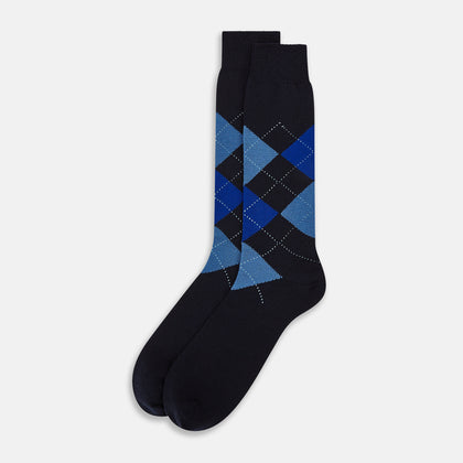 Navy & Royal Blue Check Wool Mid-Length Socks
