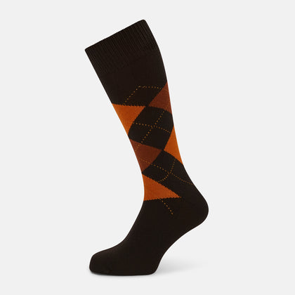 Brown & Orange Check Wool Mid-length Socks