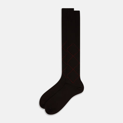 Dark Chocolate & Rust Diamond Wool Long Socks Image 1