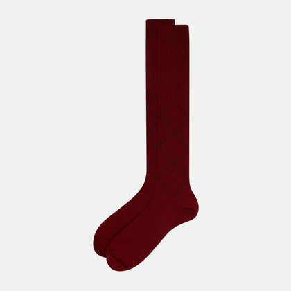 Burgundy & Navy Diamond Wool Long Socks Image 1