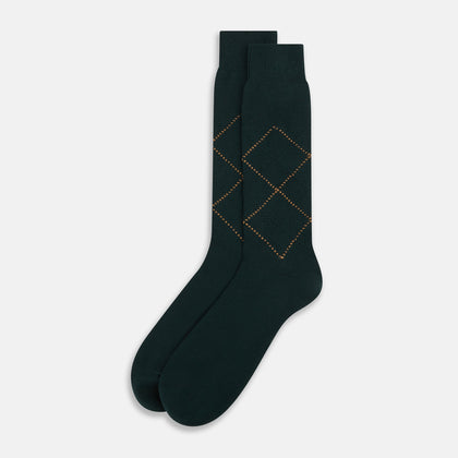 Forest Green & Tan Diamond Wool Mid-length Socks Image 1