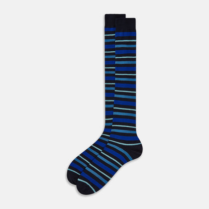 Deep Blue Striped Wool Long Socks